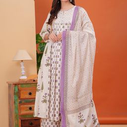 Mizaz Floral Printed Notch NeckA-Line Pure Cotton Kurta With Palazzos And Dupatta-8
