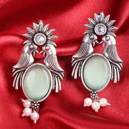 PUJVI Silver-Toned Artificial Stones Studded Oxidised Animal Shaped Drop Earrings-17