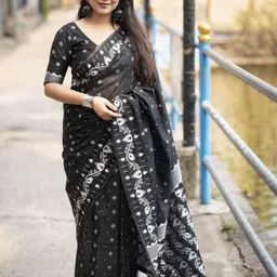 AQUILIQ Women Black Woven Design Zari Silk Saree-image-87