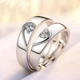 Valentine Gifts Heart Couple Ring for Girls and Boys Propose for lovers Stainless Steel Zircon Sterling Silver Plated Ring Set-12