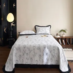 JC HOME White & Grey Floral Printed 162 TC Double King Bed Cover & 2 Pillow Covers-image-18