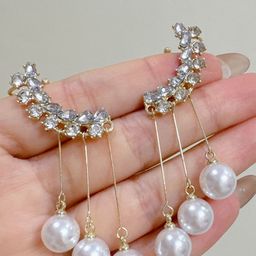 VAGHBHATT Korean Gold-Plated Artificial Stones Studded & Pearls Beaded Tasselled Ear Cuff image 5
