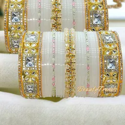 BeautyTrends Set Of 50 Gold-Plated Kundan Studded & Artificial Beaded Chuda Bangles-19