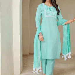 SANISA Floral Embroidered Notch Neck Kurta With Trousers & Dupatta-picture-55