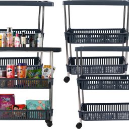 Pack of 4 Slim 3-Layer Multipurpose Storage Rack with Wheels | Grey Plastic Kitchen Trolley-9