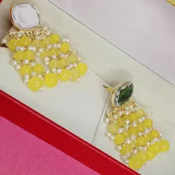 DIVASTRI Gold-Plated Stones Studded And Beaded Oval Shape Drop Earrings-image-52