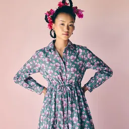 Prakriti Jaipur Women Floral Printed Shirt Collar Cotton Casual Maxi Dress-image-9