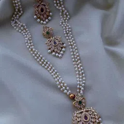CAJ Gold-Plated Stone-Studded & Beaded Jewellery Set-picture-49