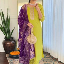 Fashion Care Navlik Floral Embroidered Notch Neck Straight Kurta With Trousers & Dupatta-image-56