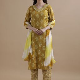Jaipur Kurti Floral Embroidered Kantha Work Pure Cotton Kurta with Trouser & Dupatta-picture-34