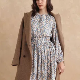 RAREISM Women Geometric Printed Tie-Up Neck Cut-Outs Fit & Flare Cotton Dress-18