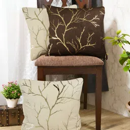 IVAZA Cream-Coloured & Brown Set of 3 Floral Velvet Square Cushion Covers-14