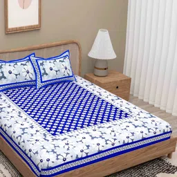 Lali Prints Blue & White Floral 180 TC Queen Bedsheet with 2 Pillow Covers-image-49