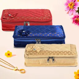 Kuber Industries Gold-Toned & Blue 3 Pieces Embroidered Jewellery Organisers-image-87