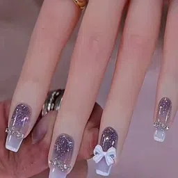 The Pink Truck Set Of 24 Artificial Reusable Nails With Glue - Violet With Cream Bow image 5