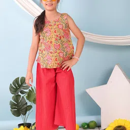 Sangria Girls Floral Printed Round Neck Pure Cotton Top & Palazzo-image-9