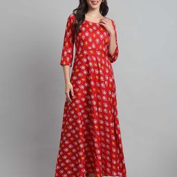 DHAKRE FASHION Women Geometric Printed Cherry Red Satin Anarkali Kurta-image-22