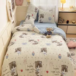 JC HOME Blue & Brown 4 Pieces Floral Printed Double King Bedding Set-picture-16