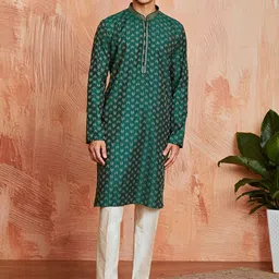 VASTRAMAY Geometric Embroidered Thread Work Jacquard Weave Straight Kurta with Trousers-image-12