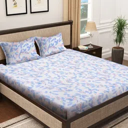 Myntra Elegant Homes White & Blue Printed 300 TC King Bedsheet Set 2.50 m x 2.25 m-picture-11