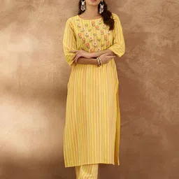 Indo Era Striped V-Neck Pure Cotton Tunic With Trouser-image-53