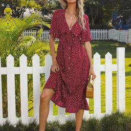 TAGVE Womens Burgundy & White Polka Dress A Line Midi Dress-image-97