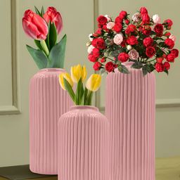 Amoorcart 3-Pcs Pink Ribbed Ceramic Flower Vases-image-67