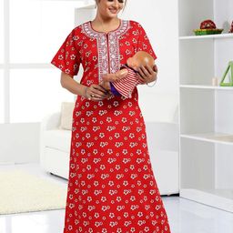 LIFE-TALE Women Red Pure Cotton Nightdress-image-25