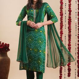 GoSriKi Bandhani Printed Regular Beads Work Kurta With Trousers With Dupatta-image-46