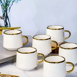 Roxx White & Gold-Toned 6 Pieces Dishwasher Safe Porcelain Glossy Finish Mugs 180ml-image-74