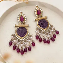 MADDY SPACE Gold-Plated Artificial Stones and Beaded Contemporary Drop Earrings-34