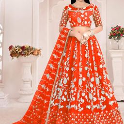 F Plus Fashion Girls Orange Net Semi-Stitched Lehenga Choli-image-54