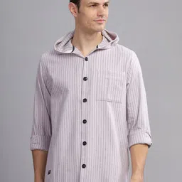 THREE DAYS Men Comfort Fit Vertical Striped Hooded Cotton Casual Shirt-image-6