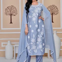 SIGNORIA Floral Embroidered Thread Work Pure Cotton Kurta with Trousers & With Dupatta-43