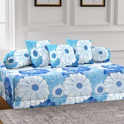 Aura Set Of 6 White & Blue Printed Floral TC Cotton Diwan Set-14