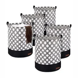 Aura 5Pcs Grey & White Dot-Printed Foldable Laundry Bag With Handle - 43 L-4