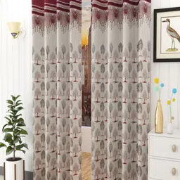 Aura Maroon & White Set of 2 Floral Room Darkening Window Curtain-14