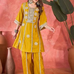 Sangria Women Floral Embroidered & Sequined A-Line Kurta With Palazzos & Bag-image-96