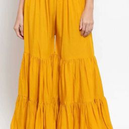 Women Flared Yellow Viscose Rayon Trousers-image-3