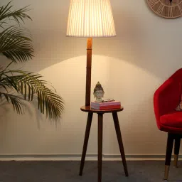 tu casa Unica Off White Metal and Fabric Shade Shelf Floor Lamp With Mango wood Base-picture-16