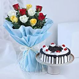 Fathers Day Mixed Rose Bouquet and Eggless Black Forest Cake-image-83