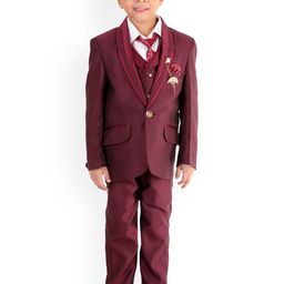 FOURFOLDS Boys Maroon Solid Single-Breasted 5-Piece Party Suit-image-92