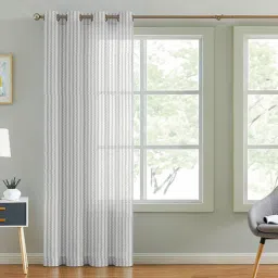 White Polyester Striped 7ft Sheer Eyelet Door Curtain-image-3