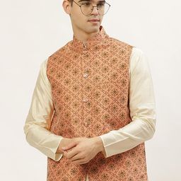 Jompers Men Orange Printed Nehru Jacket-image-14