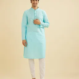 Manyavar Men Geometric Woven Designs Mandarin Collar Pure Cotton Kurta With Pyjamas-picture-31