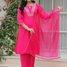 CELEBRAVO Embroidered Sequinned V-Neck Straight Kurta With Trousers And Dupatta-picture-17