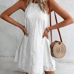 Alamode By Akanksha Halter Neck White Elode Cotton Eyelet Summer A-LineDress-image-29