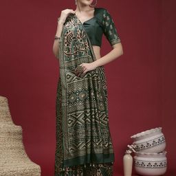 Mitera Ethnic Motifs Silk Blend Designer Block Print Saree-image-4