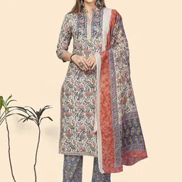GULMEHAK Floral Printed Mandarin Collar Pure Cotton Straight Kurta With Trousers & Dupatta-picture-7