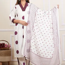 YASH GALLERY Polka Dot Printed V-Neck Pure Cotton Straight Kurta With Trousers & Dupatta-picture-42